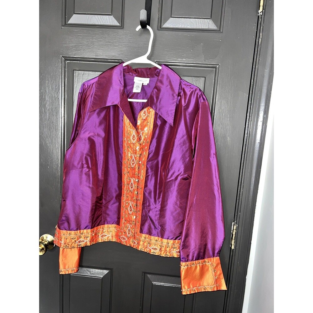 Coldwater Creek Boho Silk Embroidered Purple Orange Etro Style Blouse Blazer XL